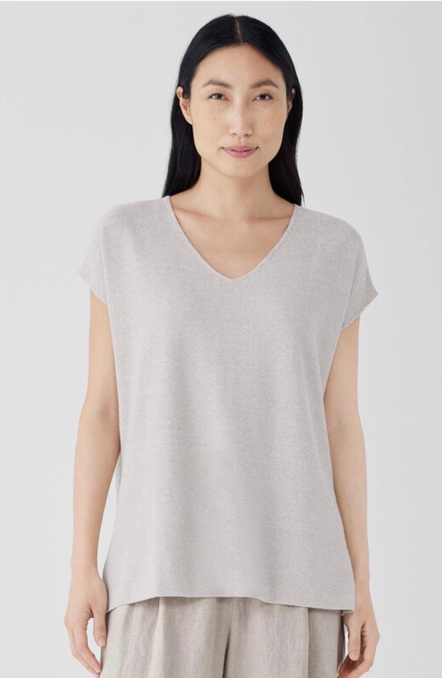 Eileen Fisher Organic Linen Cotton V-Neck Top Boxy Fit Beige Women's L